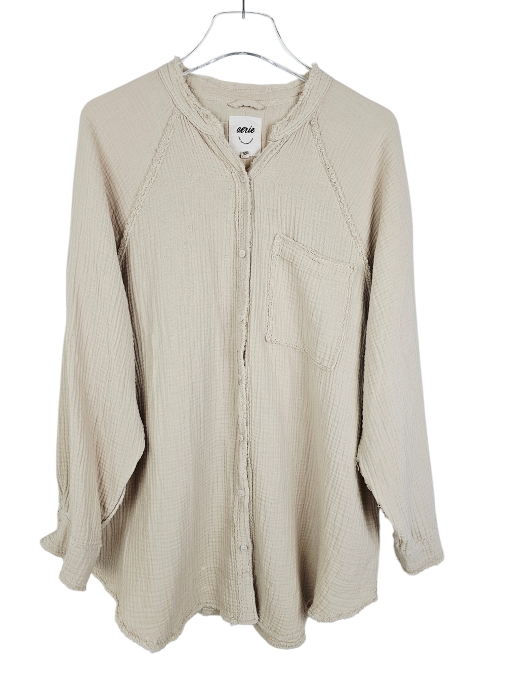 Aerie Cream Gauzy Coverup Shirt Oversized Button Up